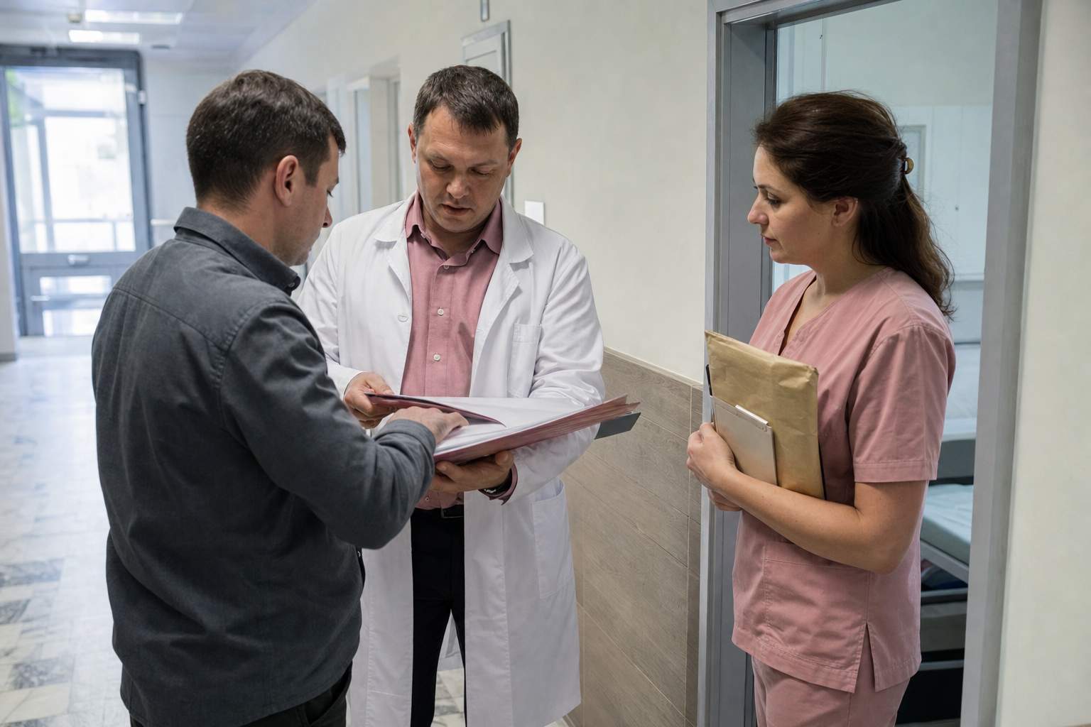 Врач обсуждает схему двойного блока
